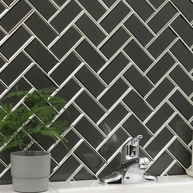 MSI Metallic Gray Bevel Herringbone Glass Tile for Kitchen Backsplash, Wall Tile for Bathroom, Accent Wall Tile, and Shower Wall Tile 13.86 in. x 11.08 in. Mesh-Mounted Mosaic Tile (10.6 sq. ft./case)