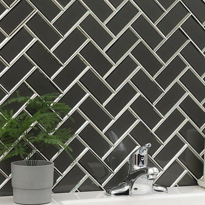 MSI Metallic Gray Bevel Herringbone Glass Tile for Kitchen Backsplash, Wall Tile for Bathroom, Accent Wall Tile, and Shower Wall Tile 13.86 in. x 11.08 in. Mesh-Mounted Mosaic Tile (10.6 sq. ft./case)