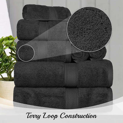 Superior Egyptian Cotton Ultra Plush & Absorbent, 8 Piece Set, Black | Quick Dry, Soft Luxury Towel Set, Bath Essentials, Guest Bath, Spa, 2 Bath, 2 Hand, 4 Face Towels, Madeline Towels