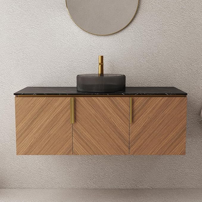 LKTART 48 Inch Bathroom Vanity with Sink, Modern Wall Mounted Bathroom Sink with 3 Doors, Black Sintered Stone Countertop and Black Round Glass Basin, Brown
