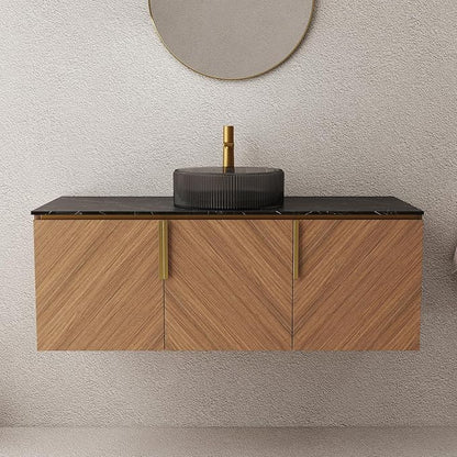 LKTART 48 Inch Bathroom Vanity with Sink, Modern Wall Mounted Bathroom Sink with 3 Doors, Black Sintered Stone Countertop and Black Round Glass Basin, Brown