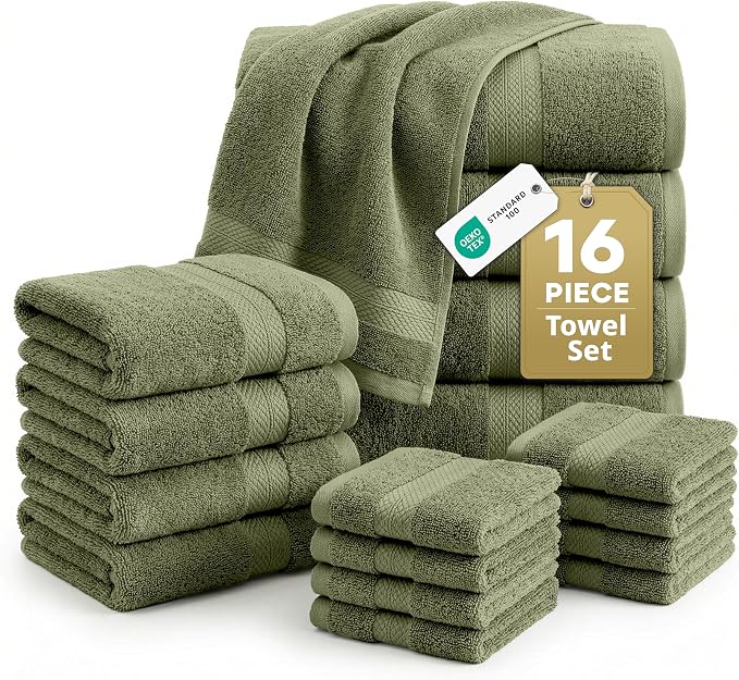 LANE LINEN Large Bath Towel Set Absorbent Quick Dry 100% Cotton - Oil Green | Soft Cotton Towels - Fade-Resistant Color, Classic Terry Weave, Densely Woven & Durable, Easy-Care, Coordinated Colors