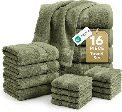 LANE LINEN Large Bath Towel Set Absorbent Quick Dry 100% Cotton - Oil Green | Soft Cotton Towels - Fade-Resistant Color, Classic Terry Weave, Densely Woven & Durable, Easy-Care, Coordinated Colors