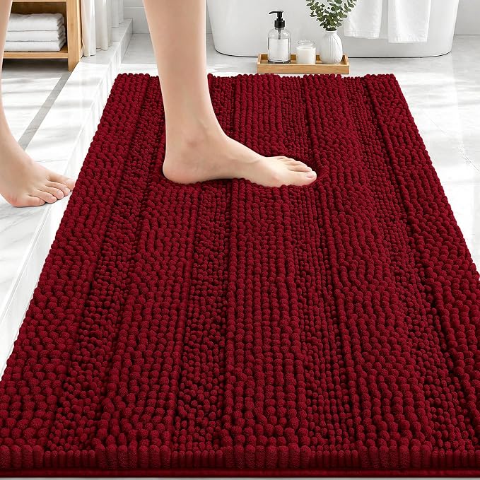 OLANLY Thick Bathroom Rugs 30x20, Soft Chenille Striped Bath Rugs, Red | Rubber Backing, Machine Wash, Extra Absorbent Bath Mats for Bathroom Floor, Tub and Shower, Home Decor Accessories