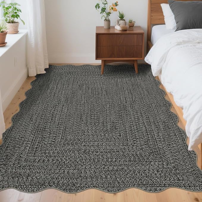 Imitation Braided Collection-Print Washable Area Rug 4x6 Scalloped Entryway Rug with Non Slip Rubber Backing, Farmhouse Soft Low Pile Rustic Accent Rug for Living Room Bedroom Dining Room
