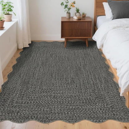 Imitation Braided Collection-Print Washable Area Rug 4x6 Scalloped Entryway Rug with Non Slip Rubber Backing, Farmhouse Soft Low Pile Rustic Accent Rug for Living Room Bedroom Dining Room