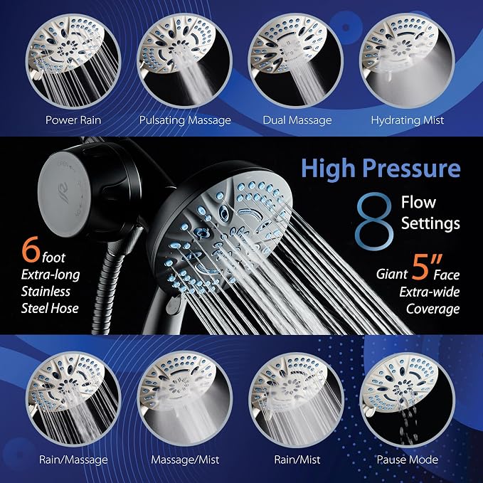 AquaCare Magneton 8-Mode High Pressure Handheld Shower Head w/Water Filter | Filters Chlorine & Toxins for Healthy Hair & Skin. Spaca-age Magnetic Docking, Hygienic Jets, Long 6 ft. Metal Hose / Black