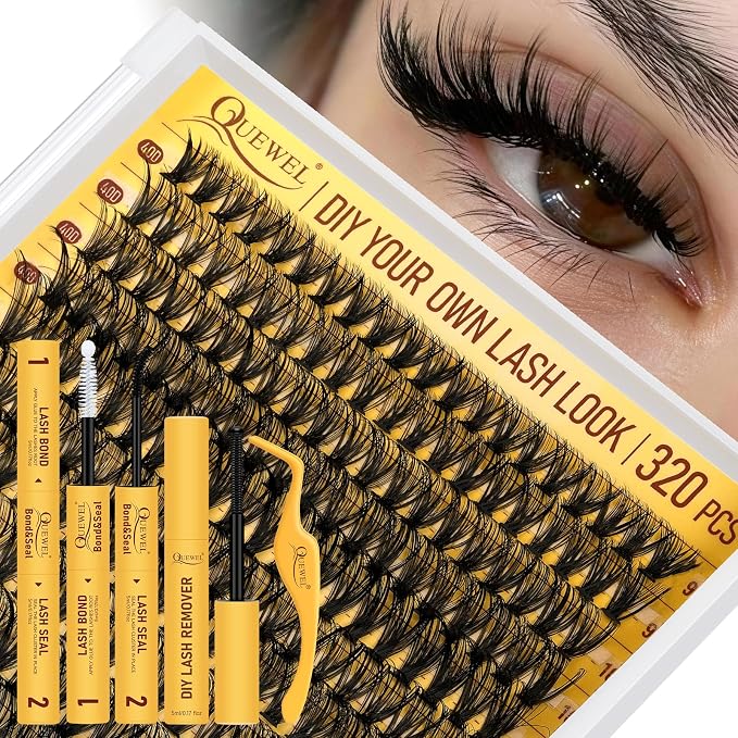 QUEWEL Lash Clusters Kit, 320 Pcs 40D Lash Cluster Eyelash Extensions | 9-16mm Lash Clusters Wispy Kit with Eyelash Clusters Bond and Seal Glue Remover Tweezers (40D Kit)