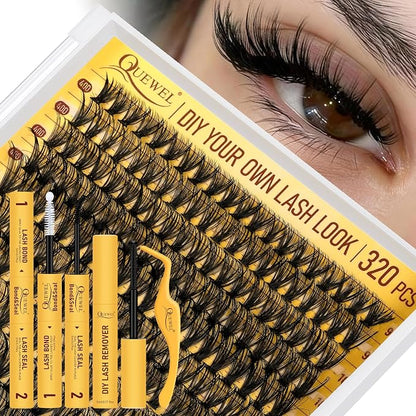 QUEWEL Lash Clusters Kit, 320 Pcs 40D Lash Cluster Eyelash Extensions | 9-16mm Lash Clusters Wispy Kit with Eyelash Clusters Bond and Seal Glue Remover Tweezers (40D Kit)