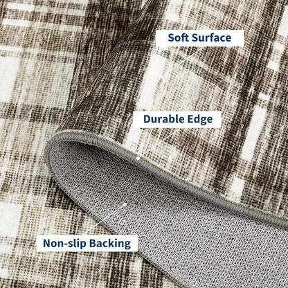 Runner Rugs for Hallway 2x6 Bathroom Rug Washable Area Rug Modern Plaid Low Pile Entryway Rug Small Non Slip Kitchen Rugs Stain Resistant Carpet for Laundry Bedroom Entrance, Beige 2'x6'