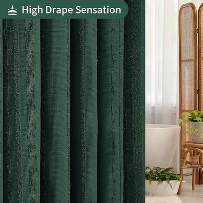 Extra Long Dark Green Shower Curtain Boho, 72 x 78 Cotton Blend Waffle Weave Stripe Textured Heavy Duty, Fabric Shower Curtain for Bathroom