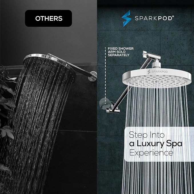 SparkPod 8" Round Rain Shower Head with 16" Shower Arm | Shower Head & Extension Arm Combo, Height Adjustable, High Pressure Performance, Easy 1-Minute Installation, Polished Chrome