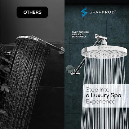 SparkPod 8" Round Rain Shower Head with 16" Shower Arm | Shower Head & Extension Arm Combo, Height Adjustable, High Pressure Performance, Easy 1-Minute Installation, Polished Chrome