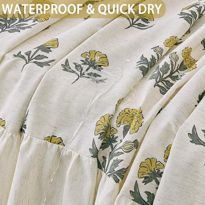 ORTIGIA Linen Textured Ruffle Shower Curtain with Metal Hooks, Vintage Yellow Floral Block Print Boho Waterproof Bath Curtain for Rustic Farmhouse Bathroom Decor 72x72 Inch