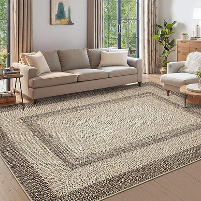 Imitation Braided Collection-Print Large Washable Rug 9x12 Non-Slip Rugs for Living Room, Natural Bordered Carpet, Stain Resistant Thin Foldable Floor Cover Bedroom for Nursery Dining Room