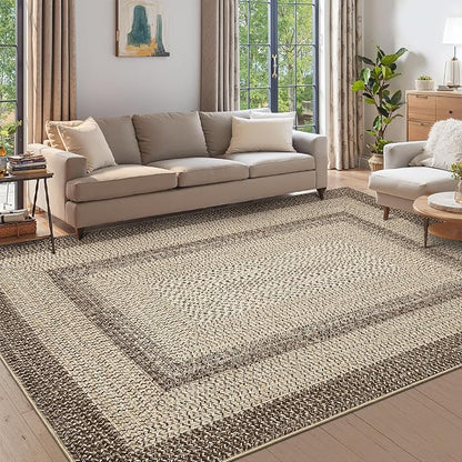 Imitation Braided Collection-Print 10x13 Area Rug for Living Room Large Washable Rug with Non-Slip Rubber Backing, Non-Shedding Stain Resistant Thin Foldable Carpet - Brown/Natural
