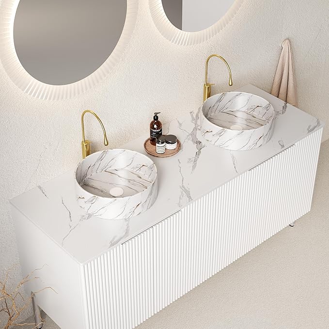 Ambrovina 60" Bathroom Vanity with Double Sink, Freestanding Bathroom Storage Cabinet with 4 Soft-Closing Doors, 2 White Round Ceramic Basins and Carrara White Sintered Stone Countertop, White