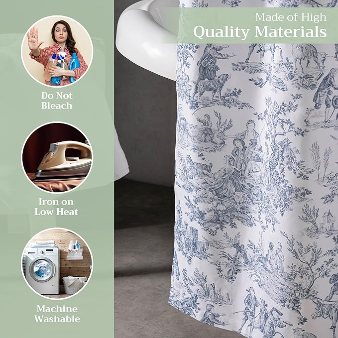 Maison d' Hermine Shower Curtain 100% Cotton One Panel 70"x72" Washable Fabric Shower Curtains for Bathroom, Easy Hanging with 12 Button Holes - Home Hotel Spa Easter Gifts (The Miller - Blue)