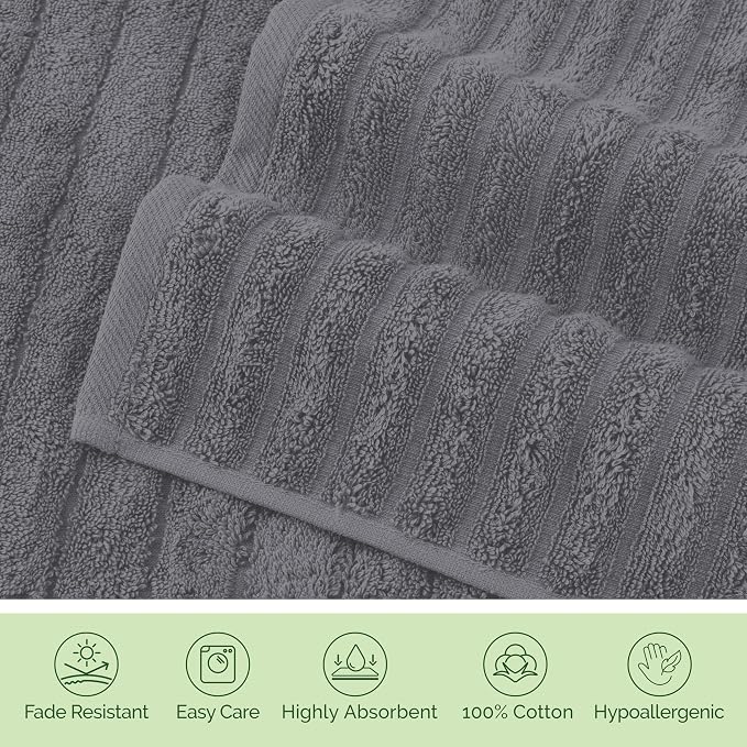 Elegant Comfort Luxury 100% Turkish Cotton Corduroy Ribbed 4 Pack Hand Towel Set 16 x 28 Inch - Absorbent, Super Soft, Quick Dry, Premium Towels for Bathroom, Gym, Spa and Hotel Use, Gray