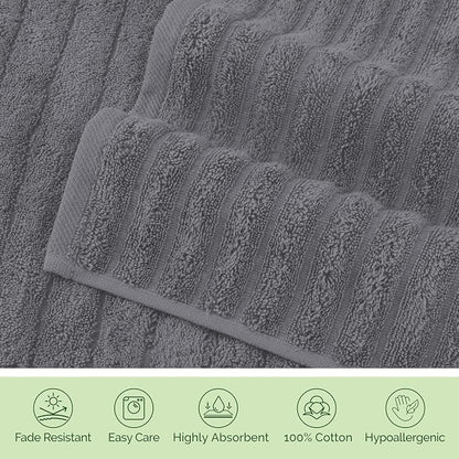 Elegant Comfort Luxury 100% Turkish Cotton Corduroy Ribbed 4 Pack Hand Towel Set 16 x 28 Inch - Absorbent, Super Soft, Quick Dry, Premium Towels for Bathroom, Gym, Spa and Hotel Use, Gray