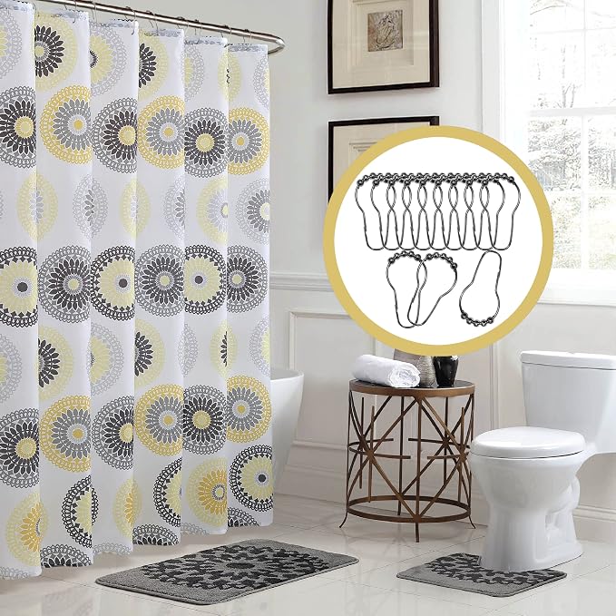 15-Piece Bathroom Shower Curtain Set – Set of 1 Shower Curtain & 12 Metal Hooks & 1 Bath Mat & 1 Contour Mat, Modern Bathroom Décor, Machine Washable, Raquel Gold