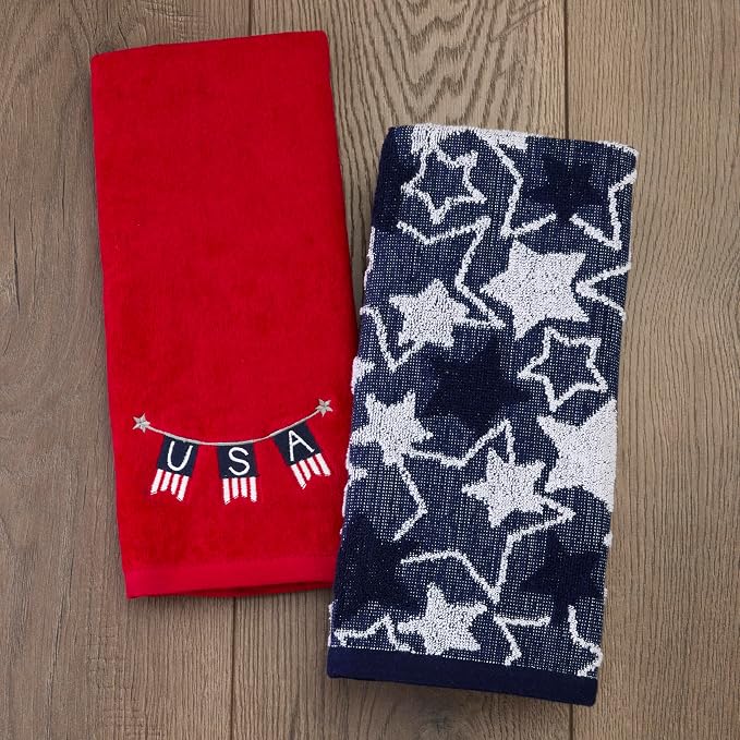 SKL Home Seasonal Stars Hand Towel Set-2pc, 100% Cotton Jacquard, Navy | Fun for Memorial Day, 4th of July, Labor Day & all patriotic holidays. For use in the bathroom, kitchen or bar.