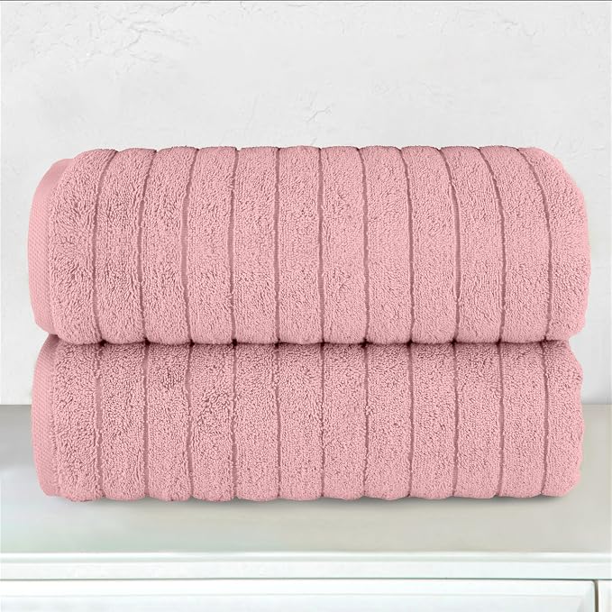 Elegant Comfort 100% Turkish Cotton Corduroy Ribbed Luxury Soft 2 Pack Bath Towels 27 x 54 Inch - Ultra Plush, Absorbent, Quick Dry, Hotel Spa Quality Towels for Bathroom Essentials, Dusty Rose