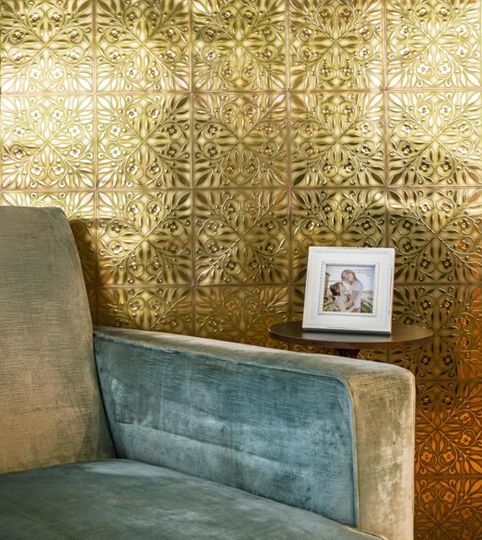 Main Street Peel and Stick Wallpaper Tiles, Gold & Green Leaves, 24-Pack | 8"x8" tiles, covers 10.67 sq ft. Peel-and-stick paper, no extra adhesive needed. Ideal for backsplashes & DIY projects.