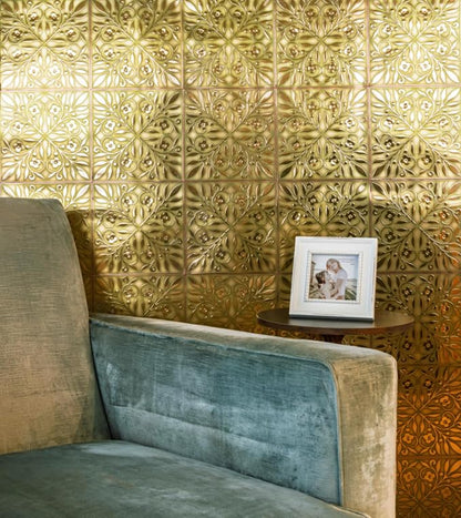 Main Street Peel and Stick Wallpaper Tiles, Gold & Green Leaves, 24-Pack | 8"x8" tiles, covers 10.67 sq ft. Peel-and-stick paper, no extra adhesive needed. Ideal for backsplashes & DIY projects.