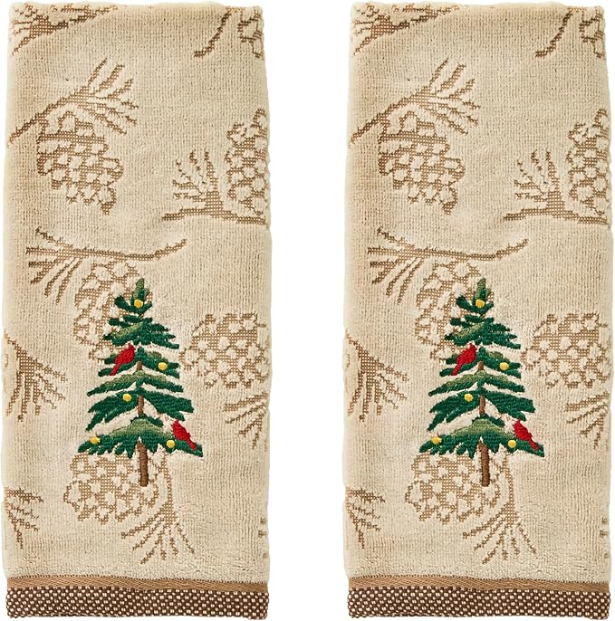 SKL Home Christmas/Winter Seasonal Fir Hand Towel Set-2pc, Wheat | 100% Cotton. Soft & absorbent pinecone jacquard with embroidery. Great for the bathroom, kitchen or bar & holiday gifting.