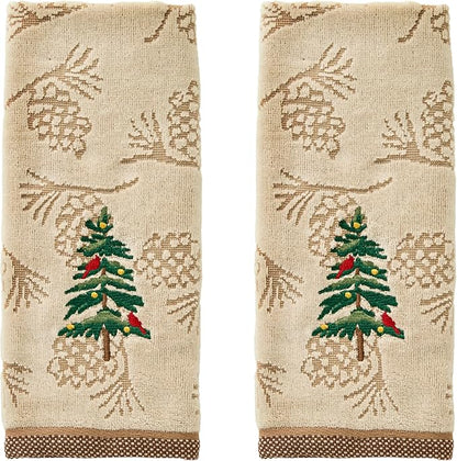 SKL Home Christmas/Winter Seasonal Fir Hand Towel Set-2pc, Wheat | 100% Cotton. Soft & absorbent pinecone jacquard with embroidery. Great for the bathroom, kitchen or bar & holiday gifting.