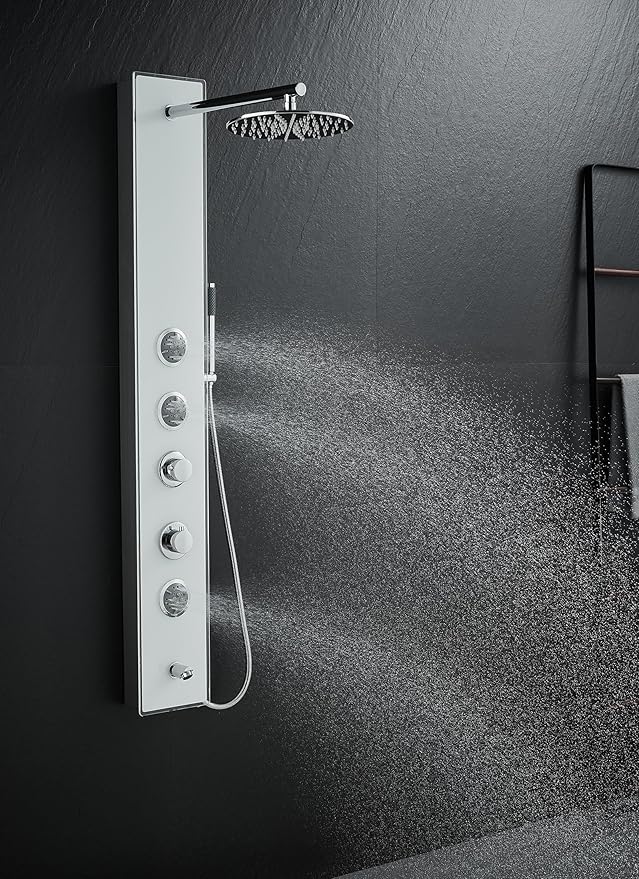 MENATT White Glass Shower Panel Tower System, 304 Stainless Steel and Glass 4 in 1 Shower Tower System with 9-inch Shower Head, 3 Body Massage Jets, Handheld Shower and Tub Spout
