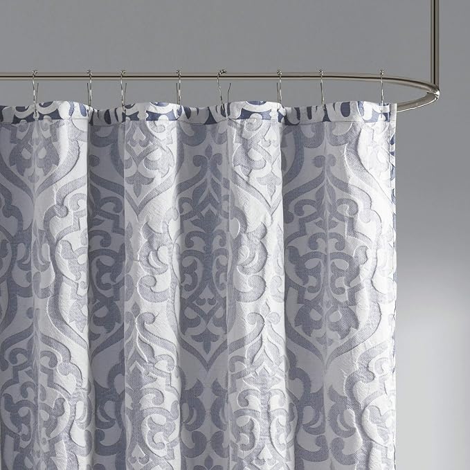 Madison Park Odette Fabric Shower Curtain Luxe Textured Jacquard, Damask Medallion Machine Washable Modern Home Bathroom Decor, Bathtub Privacy Screen, 72" x 72", Navy/Silver