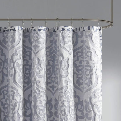 Madison Park Odette Fabric Shower Curtain Luxe Textured Jacquard, Damask Medallion Machine Washable Modern Home Bathroom Decor, Bathtub Privacy Screen, 72" x 72", Navy/Silver
