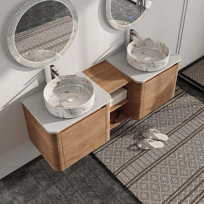 Malwee 60" Floating Bathroom Vanity with Sink, 60 Inch Wall Mounted Bathroom Cabinet Combo, Modern Double Sink Bath Storage Vanity Set, with 2 Soft Close Doors and Ceramic Vessel Basin Top(60-PP
