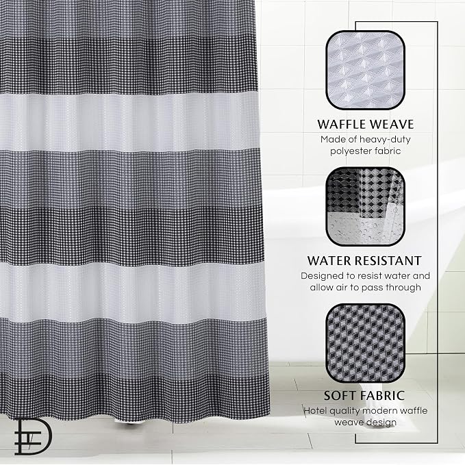 Dainty Home Waffle Weave Waterproof Shower Curtains, Black 70" x 72", Bath Curtains, Shower Curtain Waterproof Fabric with 12 Roller Ball Hooks