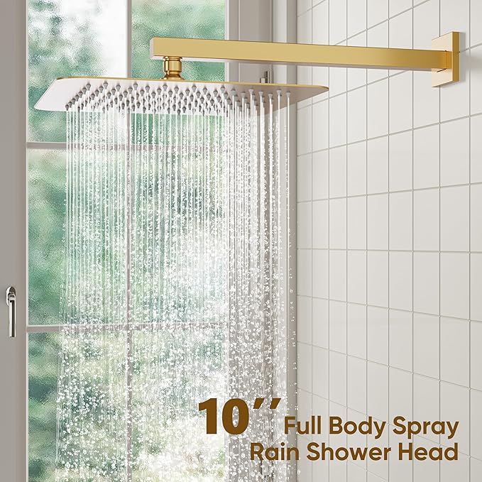 ESNBIA Gold Shower Head, Rainfall Shower System with 10 Inches Rain Shower Head, All Metal Shower Faucet Set with Shower Valve, Wall Mounted Shower Fixtures, Brushed Gold