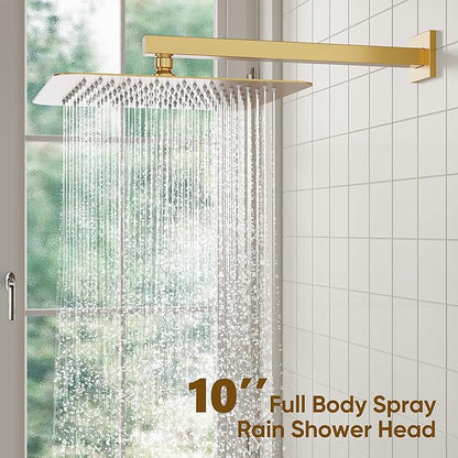 ESNBIA Gold Shower Head, Rainfall Shower System with 10 Inches Rain Shower Head, All Metal Shower Faucet Set with Shower Valve, Wall Mounted Shower Fixtures, Brushed Gold