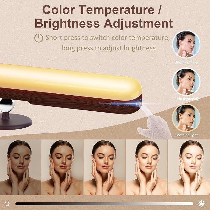 Benreom 2 Pack Rechargeable Vanity Lights for Mirror, Dark Wood | 4000mAh Battery, Touch Dimming, 3 Color Modes and 360° Adjustable Magnetic Design for Makeup Mirrors and Bathrooms