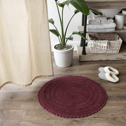 DII Crochet Collection Reversible Bath Mat, Round, 27.5" Diameter, Wine
