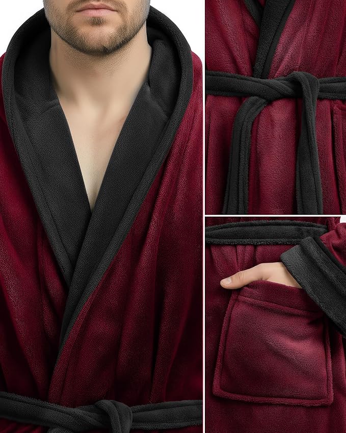 NY Threads Mens Robe with Hood, Luxury Plush Fleece Hooded Mens Bathrobe, Spa Bath Robe for Men