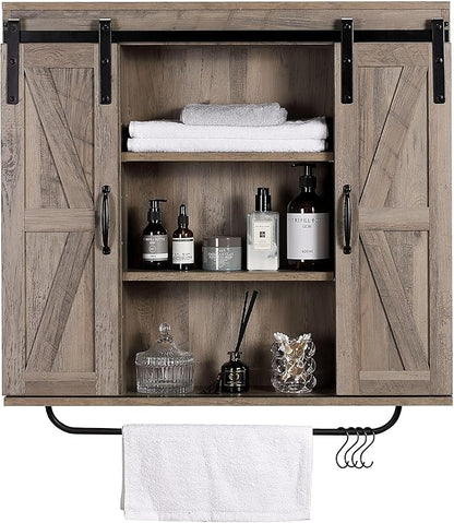 RUSTOWN Rustic Wood Wall Storage Cabinet with Two Sliding Barn Door, 3-Tier Decorative Farmhouse Vintage Cabinet for Kitchen Dining, Bathroom, Living Room, Washed Oak