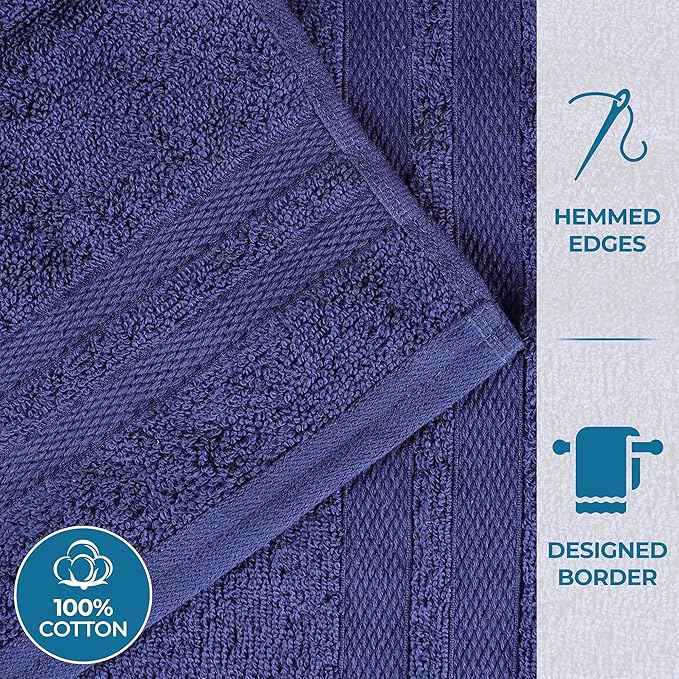 Superior Ultra-Soft Cotton Bath Towel Set, Quick-Dry, Absorbent, Shower, Spa Basics, Large Towels, Bathroom Sets, Bath Essentials, Solid, Double Line Dobby Border, 2 Pack, Set of 2, Navy Blue