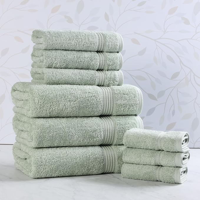 Superior Egyptian Cotton 9-Piece Towel Set, Assorted Towels for Home Bathroom, Guest Bath Decor Essentials, Includes 3 Bath, 3 Hand, 3 Face Towels/Washcloths, Quick Dry, Absorbent - Sage