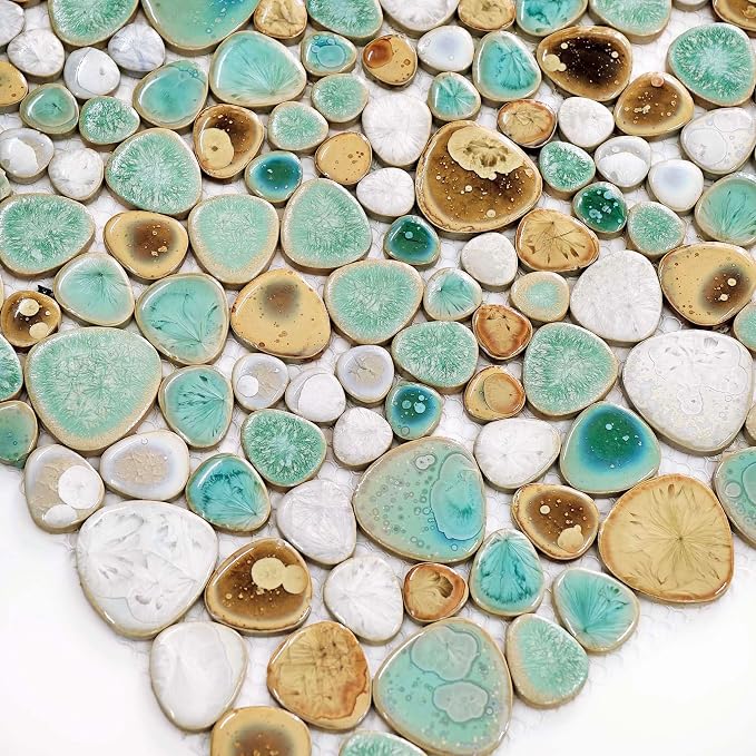 Turquoise Ceramic Pebble Mosaic Tile Sheet Shower Floor Backsplash 10 Sq Ft | Crystal Glazed Porcelain, River Stone Look, Water Resistant for Bathroom Decor, Fireplace Surround and Accent Walls