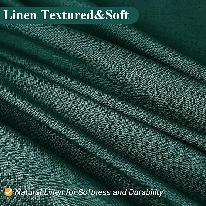 Dark Green Linen Shower Curtain, Country Boho Farmhouse Bath Decor Shower Curtains Neutral Cloth Weighted Textured Fabric Bath Curtain Liner with Hooks, 72x72