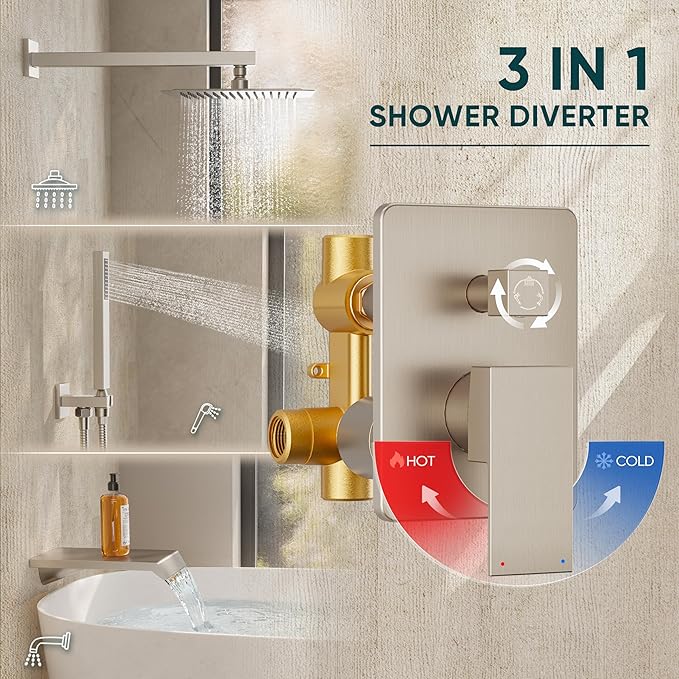 Shower System with Tub Spout, All Metal Tub Shower Faucet Set with 12'' Rain shower heads and handheld spray combo,Wall Mounted Tub Shower Systems with Valve and Trim Kit, Brushed Nickel