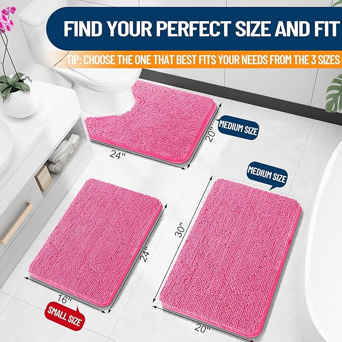 OLANLY Small Bathroom Rugs 24x16, Extra Soft Absorbent Chenille Bath Rugs | Hot Pink, Quick-Drying Rubber Backing, Machine Washable Bath Mat for Bathroom Floor, Tub and Shower, Home Decor Accessories