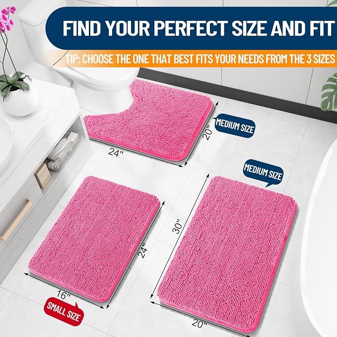 OLANLY Bathroom Rugs 30x20, Extra Soft Absorbent Chenille Bath Rugs | Hot Pink, Quick-Drying Rubber Backing, Machine Washable Bath Mat for Bathroom Floor, Tub and Shower, Home Decor Accessories