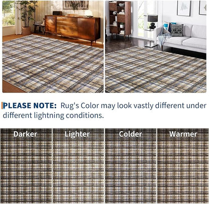 Washable Rugs 2x10 Runner Rug Modern Bordered Bathroom Rugs Non Slip Kitchen Runner Low Pile Entryway Rug Soft Runners Stain Resistant Carpet for Laundry Hallway Bedside 2'x10' Blue&Camel
